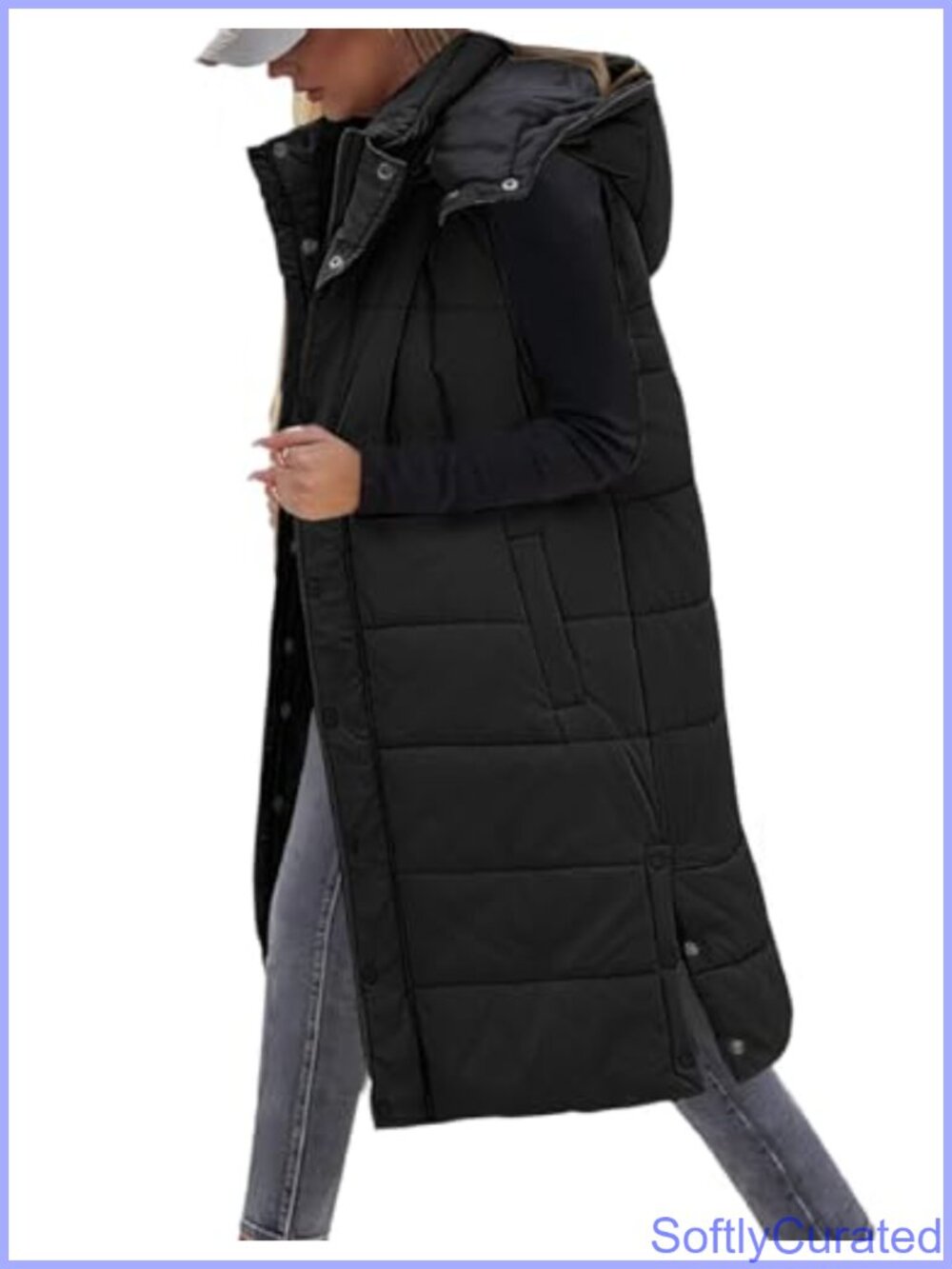 Long Puffer Vest with Hood Sleeveless Quilted Winter Coat Pockets